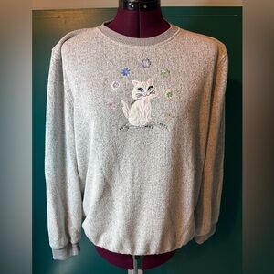 Bon Worth Gray Sweater with Cat and Floral Embroidery Vintage Retro